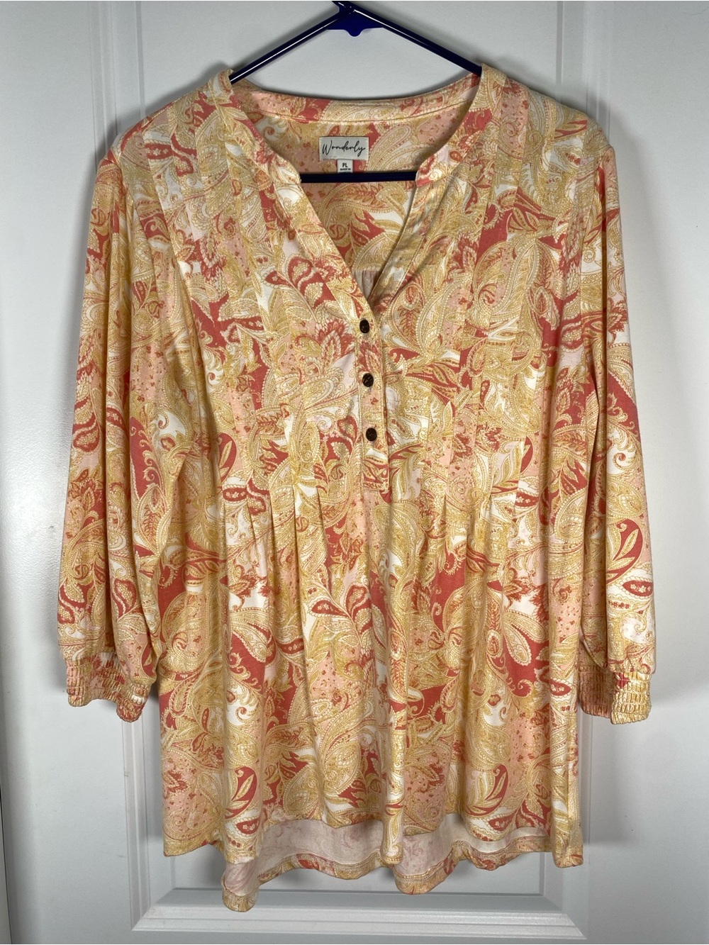 Wonderly Paisley V-Neck Popover Blouse Top Petite Large PL